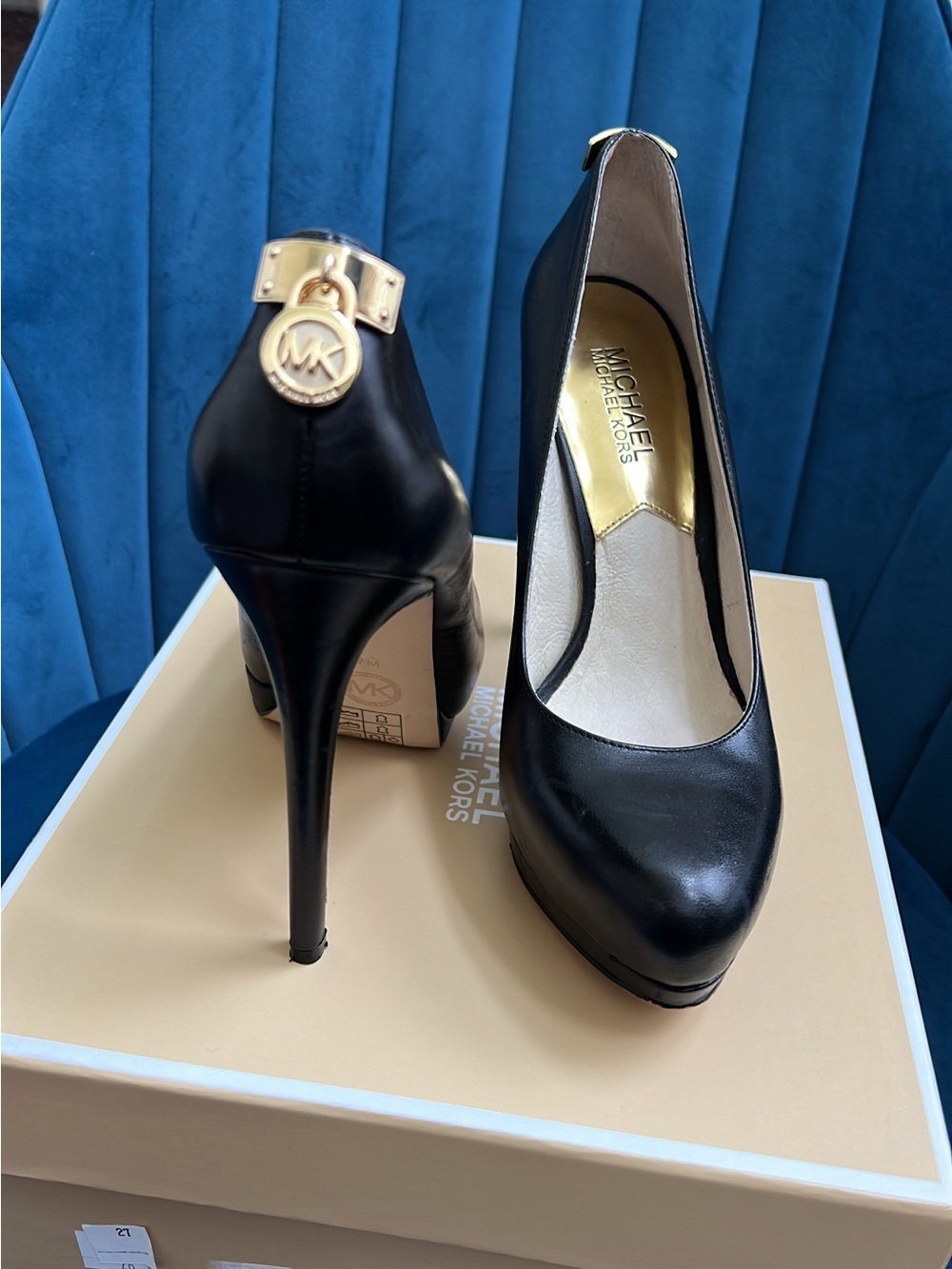 Michael Kors Black Leather Platform Stiletto Pumps with Gold MK Accent